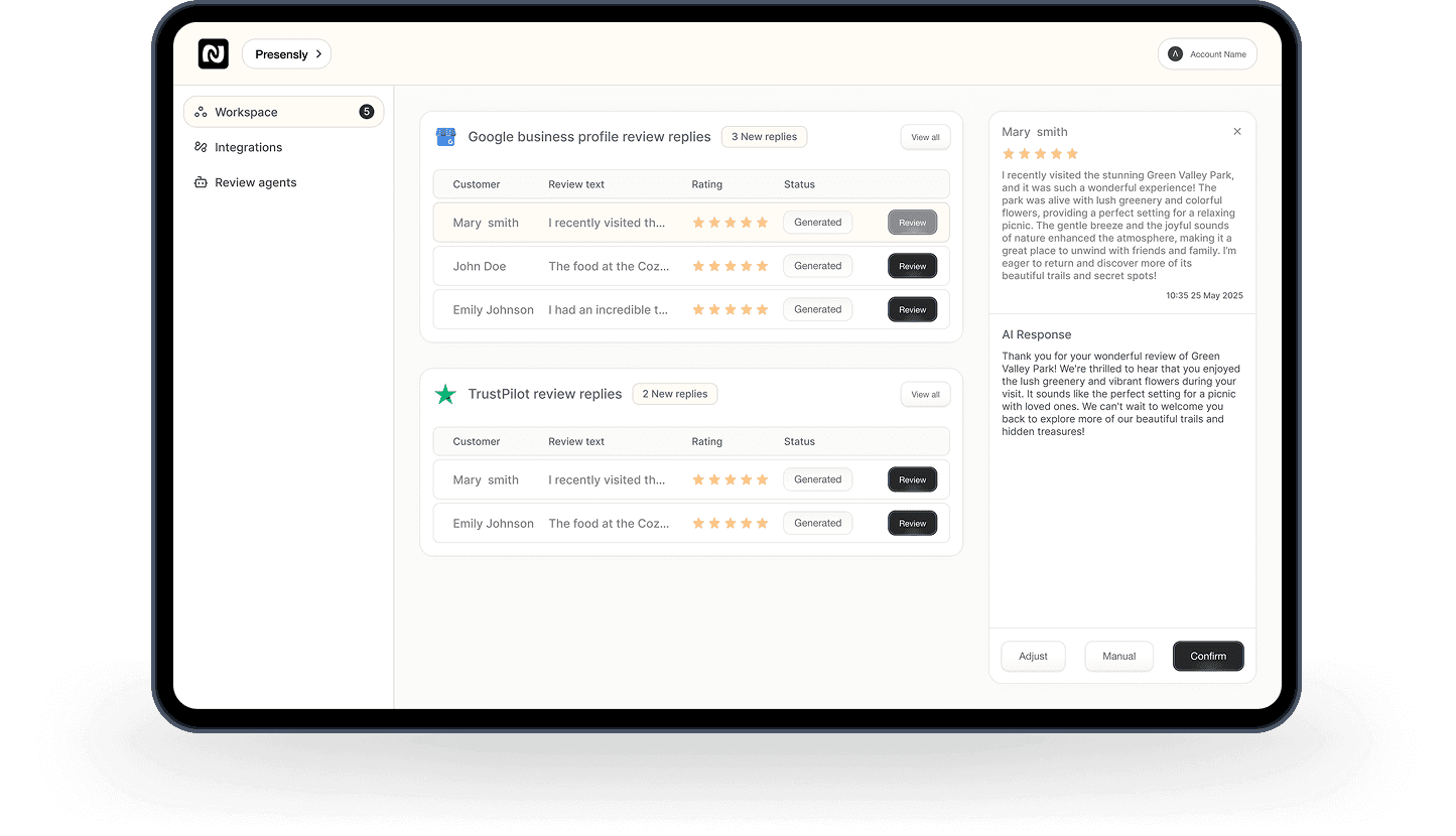 Presensly workspace and AI review response interface mockup